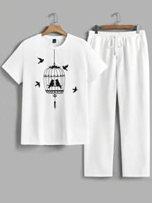 Manfinity VCAY Conjunto casual de 2 piezas para hombre - Camiseta de manga corta con ajuste holgado y pantalón recto de cintura elástica - Blanco - Ver 2
