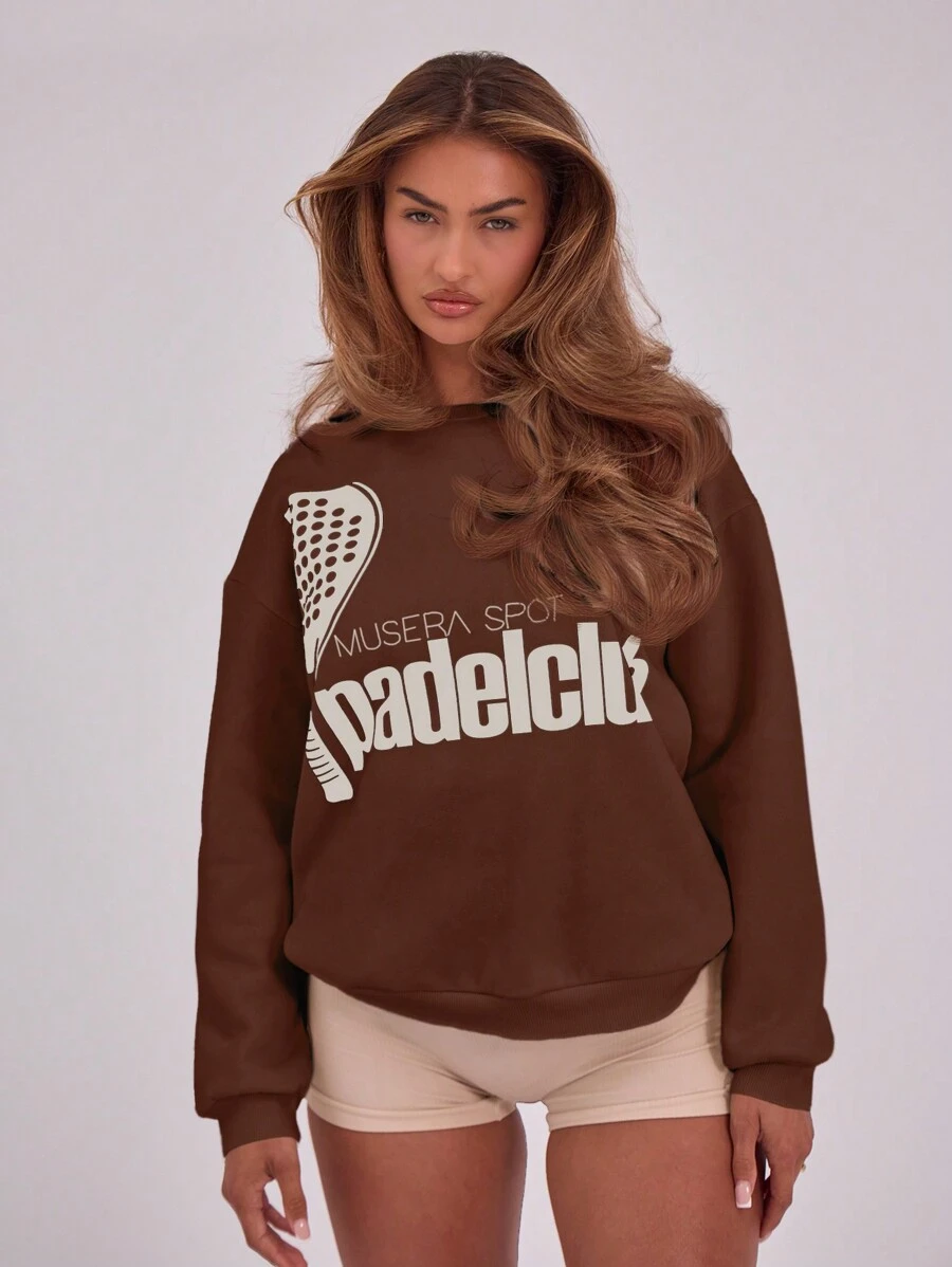 Musera Sport Padel Club Print Crew Neck Sweatshirt Only, Padel, Tennis, Racquetball, Pickleball Gym Fitness - Chocolate Brown - View 1