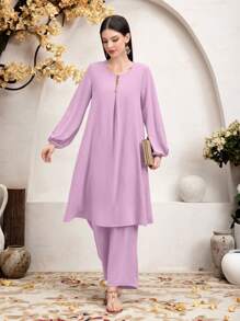SHEIN Najma 2pcs Women Solid Color Lantern Sleeve Long Top And Pants Set - Dusty Pink - View 1