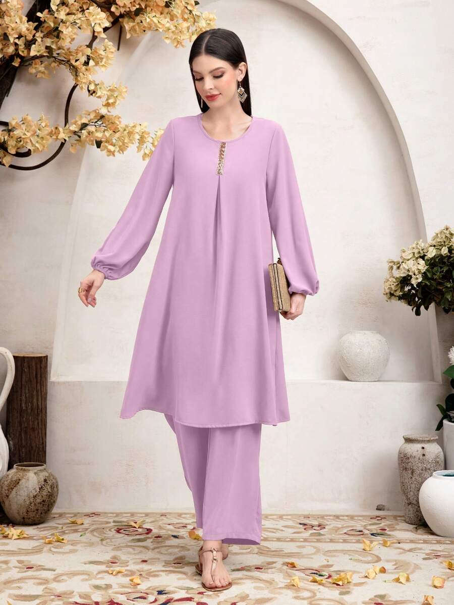 SHEIN Najma 2pcs Women Solid Color Lantern Sleeve Long Top And Pants Set - Dusty Pink - View 1