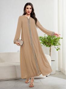 Al Najma Women's Casual Arabic Style Patchwork Ribbons Long Sleeve Dress,Modest - Khaki - View 1