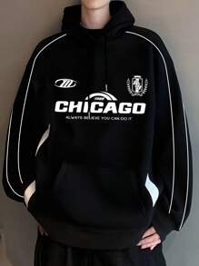 Manfinity EMRG Men Autumn Letter Print Raglan Sleeve Hooded Sweatshirt With Drawstring And Pocket - Black - View 1