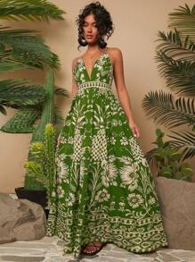 Travachic Robe de vacances pour femmes avec encolure en V, imprimée, taille marquée et ourlet évasé - Vert - Voir 6