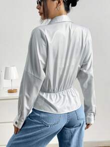 SHEIN LUNE 女士优雅休闲长袖衬衫，垂肩，斜襟，纽扣领，袖口拼接，侧边下摆纽扣 - 彩色 - 查看 2