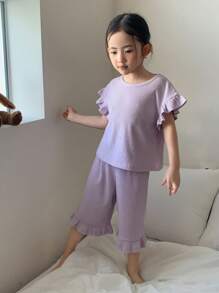 DAZY 年轻女孩简约时尚休闲日常上衣和裤子休闲套装，女孩夏季服装 - 紫色 - 查看 3