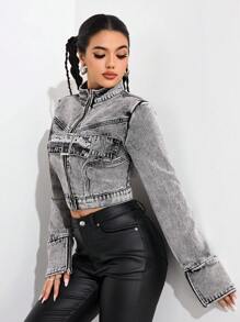 SHEIN EZwear 女士休闲水洗立领短款牛仔夹克 - 淺灰色 - 查看 7