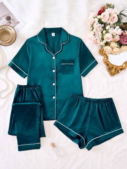 Teen Girl 3-Piece Pajama Set - Light Pink Ribbed Fabric Shorts, Pants And Short Sleeve Shirt