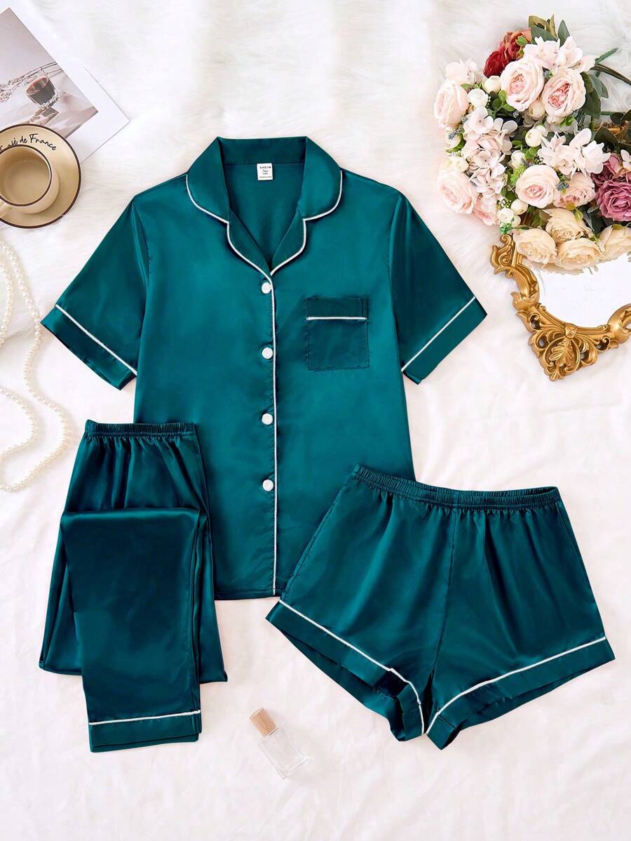 Bộ đồ ngủ 3 món cho bé gái tuổi teen - Quần short vải gân màu hồng nhạt, quần dài và áo sơ mi tay ngắn - Màu xanh lá cây đậm - Xem 1
