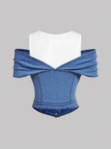 SHEIN MOD 女士牛仔蓝色露肩紧身弹力上衣 - 淺色水洗藍 - 查看 2