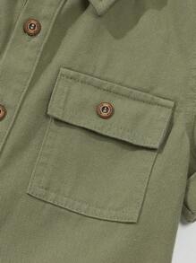 SHEIN Vacaura Denimly West Wild Preppy Outdoorsy Style Green Short Sleeve Button Down Shirt For Young Boys Summer Holiday - Army Green - View 7