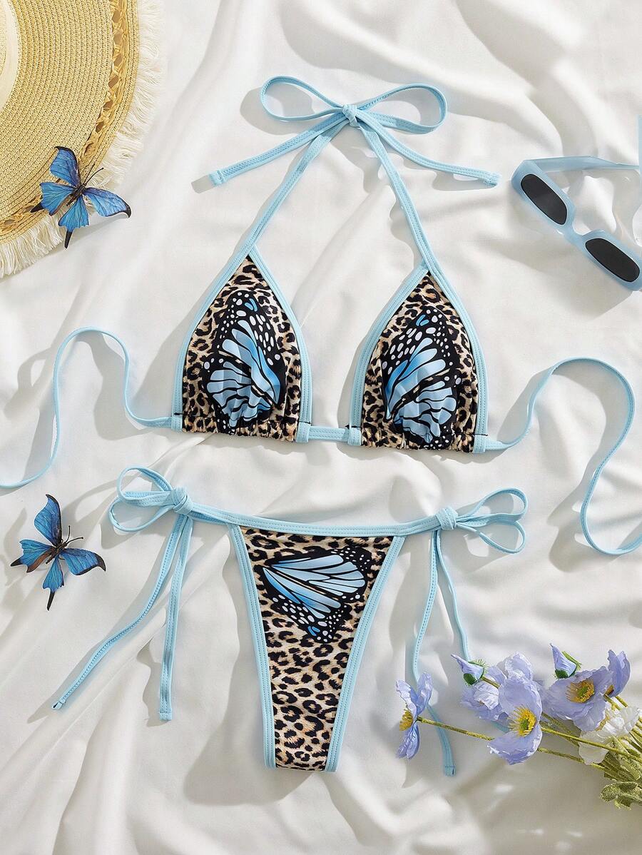 SHEIN Swim 2pcs/Set Women's Sexy Avant-Garde Asymmetrical Leopard Print + Butterfly Texture Print Tie Strap Bikini Set, Suitable For Music Festival, Beach Outing For Summer Beach Vacation