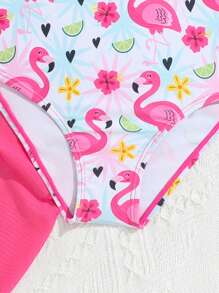 Strój kąpielowy dla młodej dziewczyny z nadrukiem flaminga i spódnicą, zestaw strojów kąpielowych na wakacje - Wielokolorowe - Zobacz 5