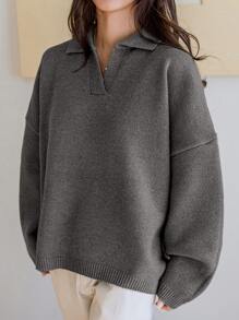 Dazy-Less Jersey de punto de unicolor con escote en V minimalista para mujer, estilo casual de dinero antiguo