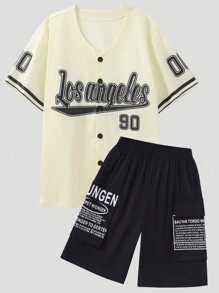 Teen Boy Letter Print Short Sleeve Single-Breasted Shirt And Shorts Casual Set - Apricot - View 1