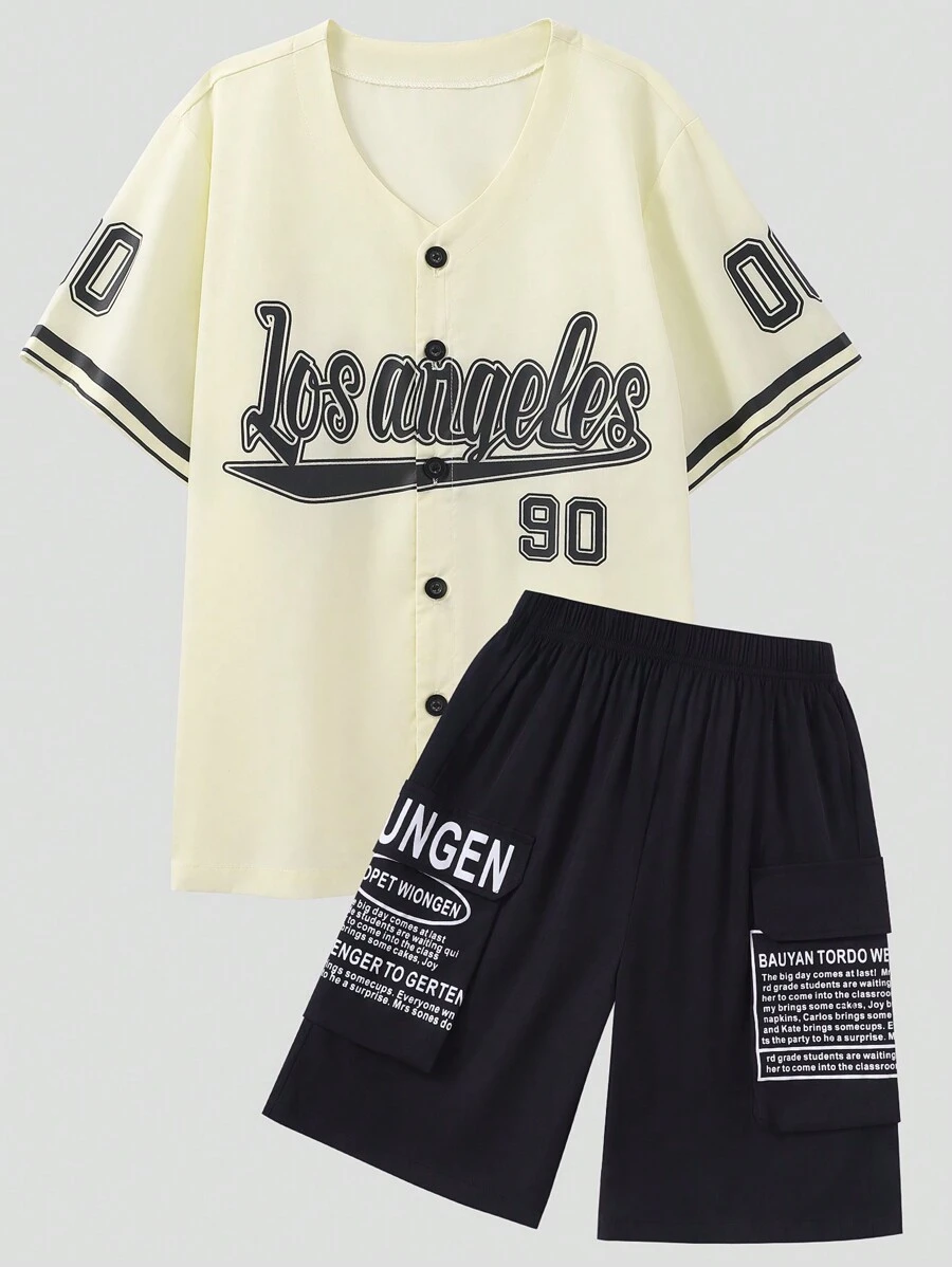 Teen Boy Letter Print Short Sleeve Single-Breasted Shirt And Shorts Casual Set - Apricot - View 1