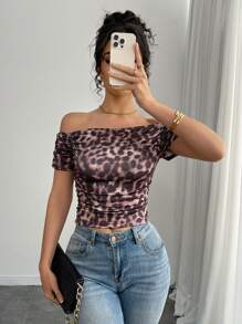 INAWLY Fashionable Leopard Print Off Shoulder Ruched Fitted T-Shirt