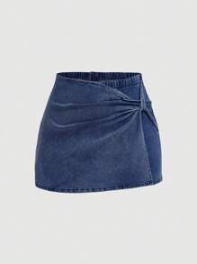 SHEIN MOD Plus Size Denim Shorts Skirt Sweet Slice Tight Elastic Blue Shorts 4th Of July Women Back To School Sport Women Shorts Legging Shorts