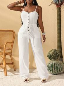 Slaydiva Women's White Sleeveless Jumpsuit, Suitable For Music Festivals, Easter, Graduation Season, Weddings, Student Wear, Attending Birthday Parties, Daily Casual Wear, Minimalist Style, Vacation, Cruise Travel, Beach, Sunbathing - White - View 3