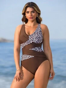Swim Lushoire Baju Renang Terusan Wanita Kasual Musim Panas Elegan Seksi dengan Tali Lebar, Warna Polos, Dipadukan dengan Motif Leopard Acak & Jala - MultiWarna - View 7