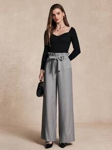 SHEIN Unity Women's Ruffled Waist Wide Leg Striped Tie Waist Pants Fall Cloth For Women - Grey - View 1
