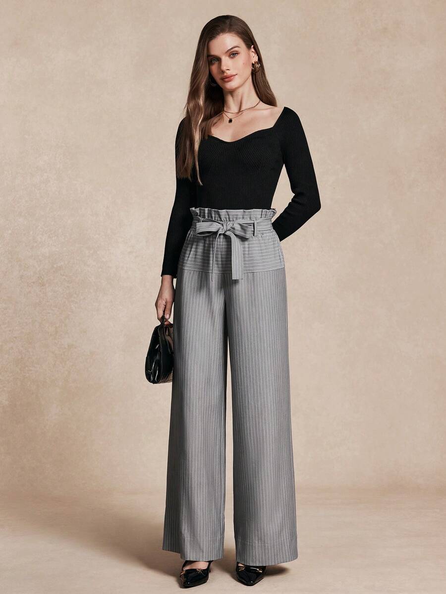 SHEIN Unity Women's Ruffled Waist Wide Leg Striped Tie Waist Pants Fall Cloth For Women - Grey - View 1