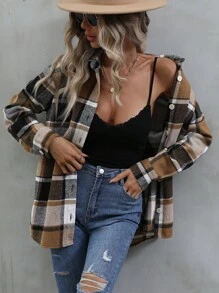 SHEIN LUNE Camisa de manga larga con cuello a cuadros en color caqui, casual y para uso diario