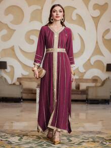 Layrah Women's Long Sleeve Arabic Traditional Decorated Dress Kaftan Jalabiya Dress - Rose Red - View 5