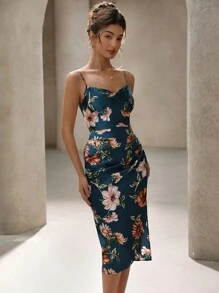 Aveloria Rosie Vestido camisero satinado con estampado floral, drapeado y abertura lateral para vacaciones para mujer