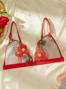 SHEIN Front Closure Floral Embroidery, Mature Charm, Comfort Triangle Bra Women Lingerie - Red - View 6