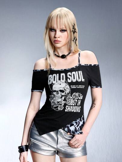 Grunge Punk Vintage Retro Leopard Patchwork Trägershirt mit asymmetrischem Saum für Damen