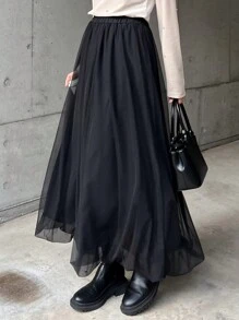 FRIFUL Women's Black Mesh Tulle Pouf Maxi Skirt, Elegant Bubble Skirt For Spring/Summer