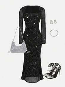 SHEIN Clasi 女式长袖方领美人鱼连衣裙，带水钻，黑色，优雅修身，适合派对、社交活动、户外穿着、秋冬季 - 黑色 - 查看 2