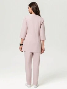 Scrubzie 2pcs Set Women Long Sleeve Shirt & Pants, Nursing Scrub Uniform - Pink - View 2