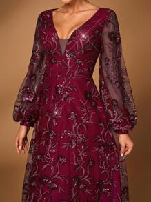 Serin Váy chữ A tay loe thêu lưới mỏng màu xanh navy lấp lánh sang trọng và thanh lịch, phù hợp làm váy dạ hội cho mẹ cô dâu, tiệc cưới, dịp trang trọng - Màu Đỏ Sâu - Xem 5