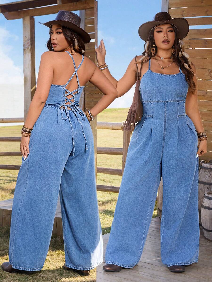 SHEIN LUNE Plus Size Denim Overall Dungarees, Western Wear For Women - Medium Wash - View 1