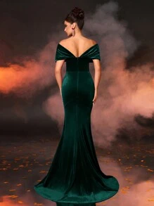 Glamrae Elegant Velvet Off Shoulder Bowknot Off The Neck Luxury Rhinestone Chain Decor Mermaid Tail Formal Gown, Wedding Guest Dress, Party Dress, Evening Dress