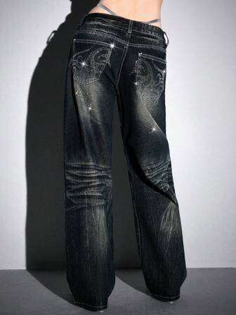 ROMWE Avant Y2K Subculture Studded Distressed Vintage Washed Low-Rise Women Jeans
