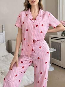 SHEIN Valentine's Day Stripe & Heart Print Lapel Short Sleeve Top & Pants Pajama Set For Women Holiday Season - Pink - View 4