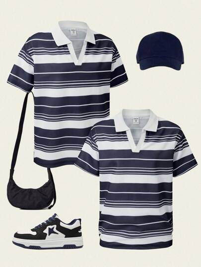 SHEIN Explorewe 1 件男童条纹 V 领短袖 T 恤，时尚新学院风