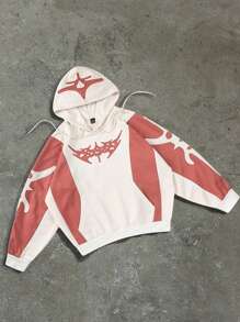 Men's Hooded Sweatshirt, Casual Patchwork Letter Graphic Drawstring Hoodie - Multicolor - View 1