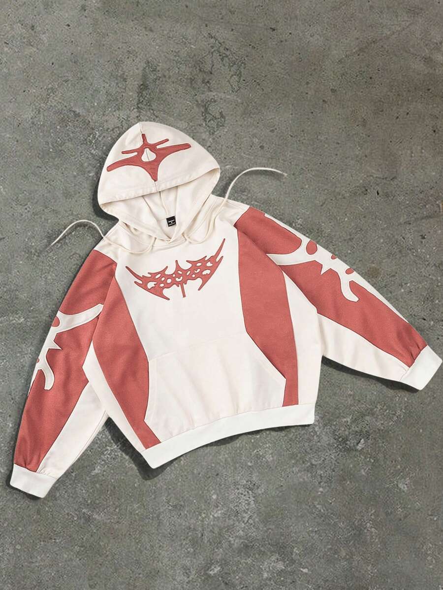 Men's Hooded Sweatshirt, Casual Patchwork Letter Graphic Drawstring Hoodie - Multicolor - View 1