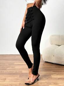 Chiquease 时尚高腰金属装饰扣紧身女式紧身裤，随机花卉图案 - 黑色 - 查看 4