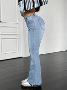 SHEIN PETITE Women's Flared Casual Versatile Denim Jeans With Pockets