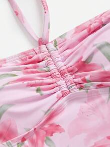 SHEIN MOD 2 件套露背上衣，正面有褶皱花卉印花，侧面系带三角裤，泳装套装，泳装套装，海滩度假装，适合夏季海滩度假