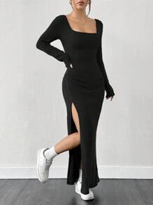 SHEIN EZwear Women's New Plush Ribbed Square Collar High Slit Dress, Autumn/Winter - Black - View 3