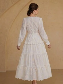 Zanirela Elegant Embroidered Vintage V-Neck Waisted Splice Frill Trim Long Sleeve Dress For Women Fall Cloth For Women - Beige - View 2