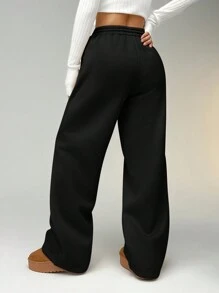 SHEIN Tall CURVE Plus Size Solid Color Front Tie Simple Thermal Lined Sports Casual Pants - Black - View 2