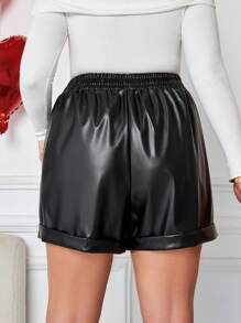SHEIN Tall CURVE Tall Plus High Waist Roll Up Hem PU Leather Shorts - Black - View 2