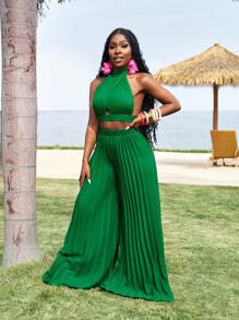 Slaydiva Women Summer Casual Beach Vacation Sleeveless Twist Knot Vest Top And Wide Leg Pleated Pants 2 Pieces Set - Green