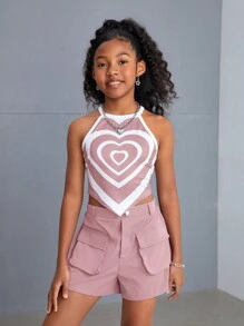 SHEIN SLAYR KIDS Tween Girl Street-Style Heart Print Halter Top And Shorts Set - Dusty Pink - View 6